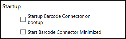 Barcode connector startup options.