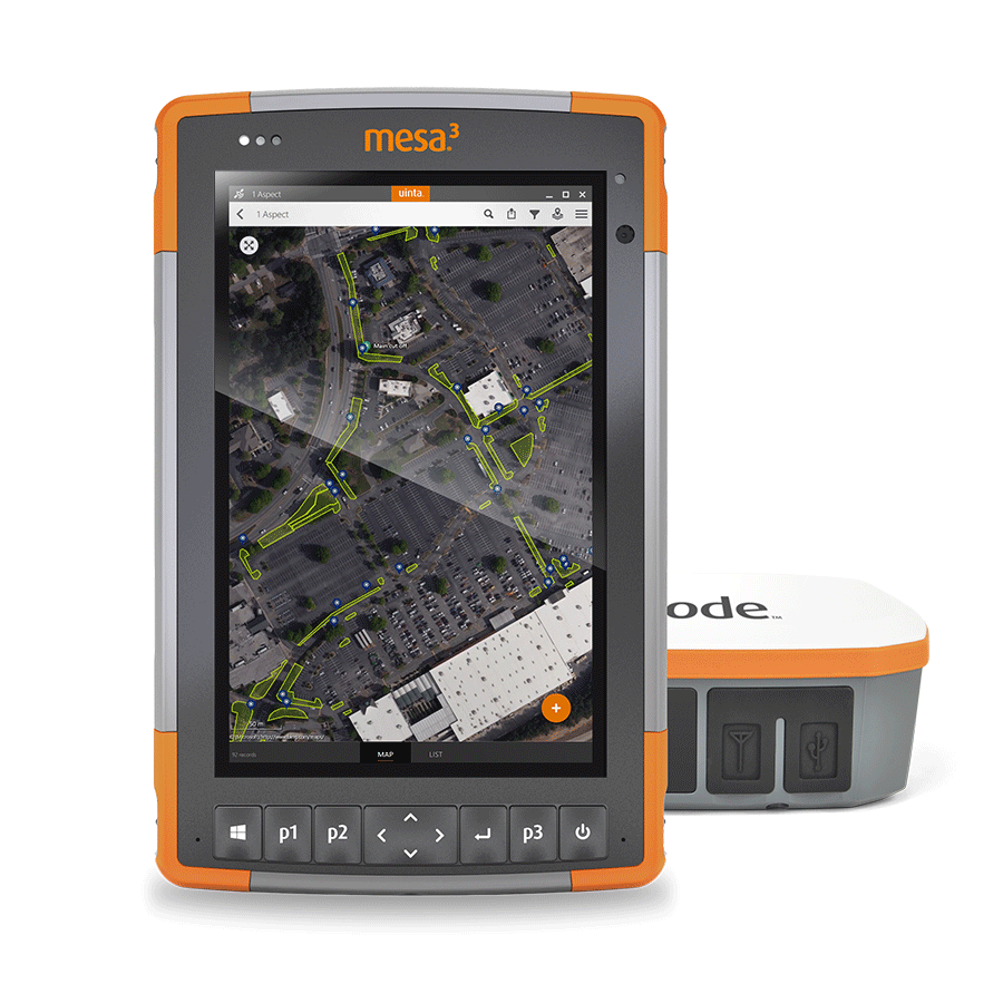 Mesa 3 rugged tablet displaying Uinta software with Geode behind it